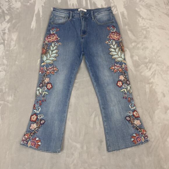 DRIFTWOOD Denim - Driftwood Jeans Womens 26 Blue Denim Farrah Capri Flare Floral Boho Stretch